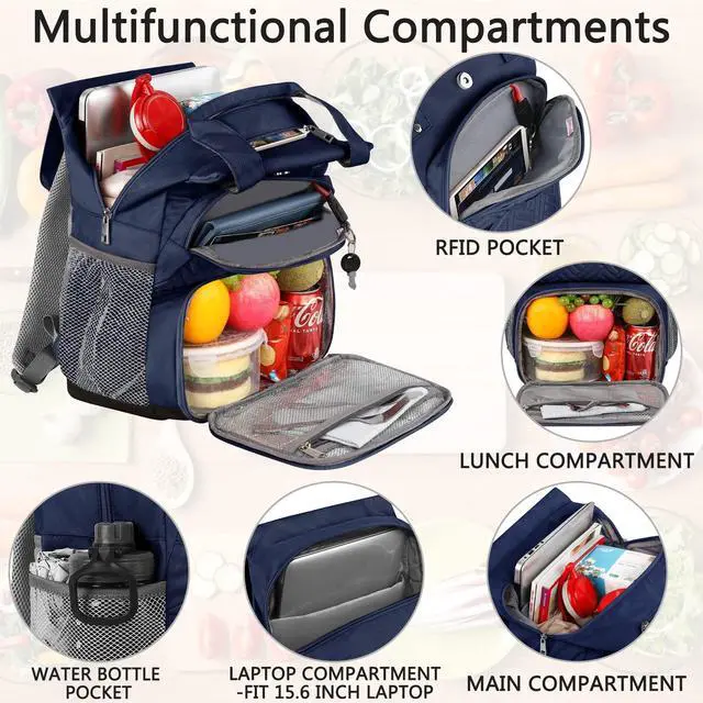 Alt view image 3 of 5 - Mogplof Women Lunch Backpack, 15.6 Inch Laptop Backpack with USB Port RFID Pockets, Water-resistant College Insulated Cooler Backpacks Business Travel Work Leakproof Lunch Box Backpack for Work