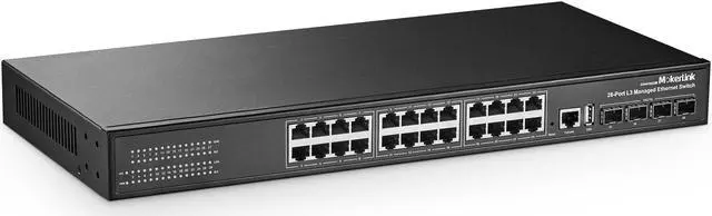 Main image of MokerLink 28 Port Gigabit Managed Switch, 24 Port GE, 4 x 10G SFP+ Uplink, 1 Console Port, 1 USB Port, L3 Smart Managed, Rackmount Fanless, DHCP QoS Vlan IGMP and Static Routing