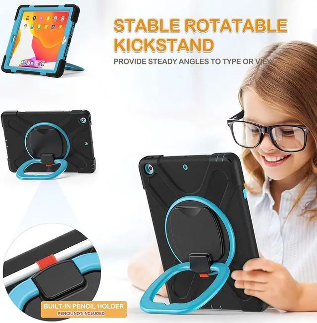 Alt view image 4 of 5 - TSQ Case for iPad 10.2 Inch for Kids w/Handle+Pen Holder+Stand+Shoulder Strap | Shockproof Protective Cover for iPad 9th/8th/7th Generation 2021 2020 2019 | Navy Blue