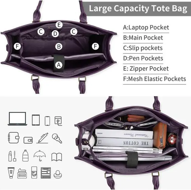 Alt view image 5 of 5 - Laptop Bag for Women 15.6 Inch Laptop Tote Bag Waterproof Leather Computer Tote Bag Business Lightweight Office Briefcase Large Capacity Handbag Shoulder Bag Plum