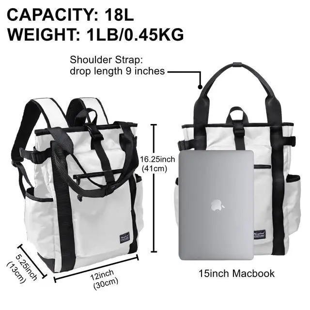 Alt view image 2 of 5 - Rangeland Unisex Laptop Tote Backpack Convertible Lightweight Nylon Water-Resistant Everyday Shoulder Tote bag Backpack with Water Bottle Pocket Work Travel, White