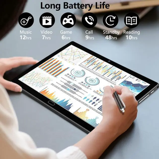 Alt view image 4 of 5 - 2025 Latest Android 13 Tablet, 2 in 1 Tablet 10.1 Inch, 4G Cellular Tablets with Keyboard, 64GB ROM + 4GB RAM, Octa-Core Processor, 2 Sim Slots, 13MP Camera, GPS/WiFi/Bluetooth/Mouse/Stylus(Black)