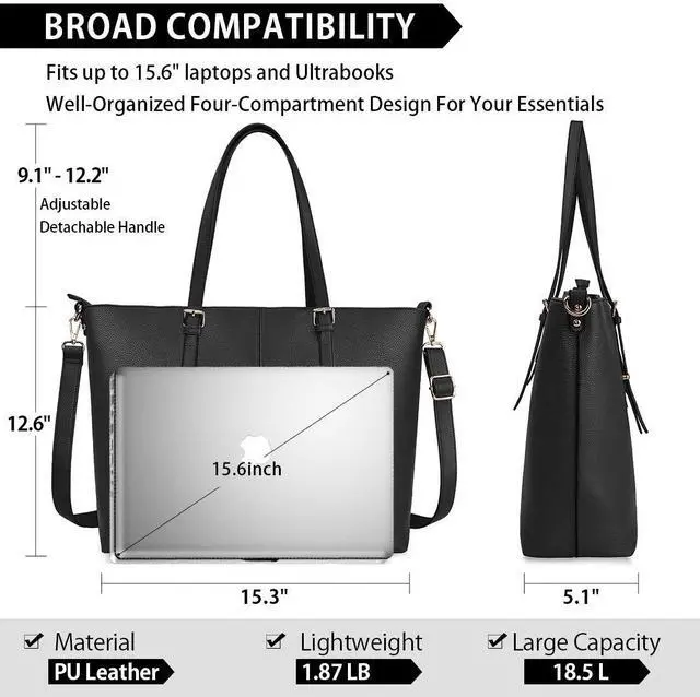 Alt view image 3 of 5 - Laptop Tote Computer Bag for Women 15.6 Inch Waterproof Lightweight Leather For Business Office Work Briefcase Large Travel Shoulder Handbag Black