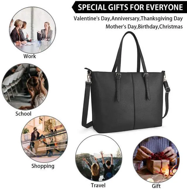 Alt view image 5 of 5 - Laptop Tote Computer Bag for Women 15.6 Inch Waterproof Lightweight Leather For Business Office Work Briefcase Large Travel Shoulder Handbag Black