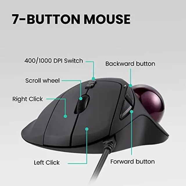 Alt view image 2 of 5 - Perixx Perimice-517 Wired Trackball USB Mouse, 7 Button Design, Build-in 1.34 Inch Trackball with Pointing Feature