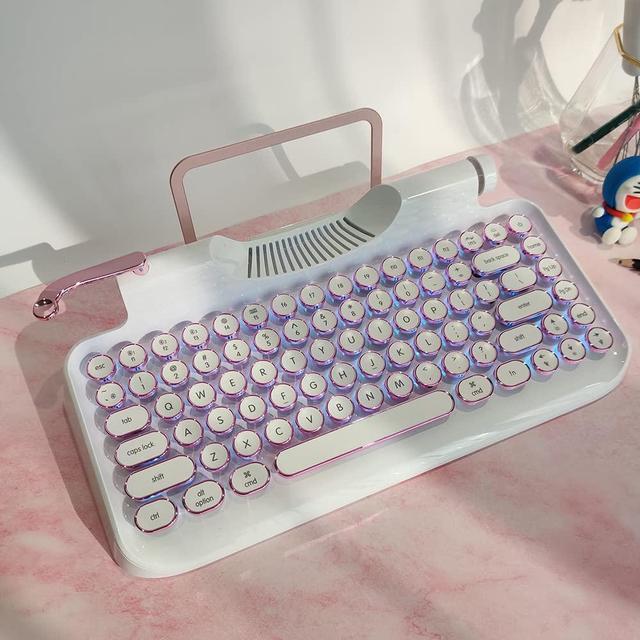 Alt view image 2 of 5 - RYMEK Typewriter Style Mechanical Wired & Wireless Keyboard with Tablet Stand, Bluetooth Connection (White)