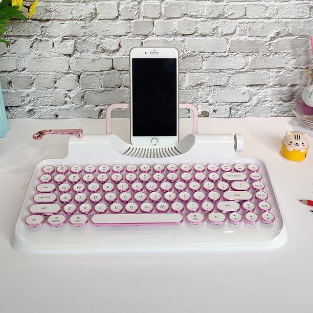Alt view image 4 of 5 - RYMEK Typewriter Style Mechanical Wired & Wireless Keyboard with Tablet Stand, Bluetooth Connection (White)