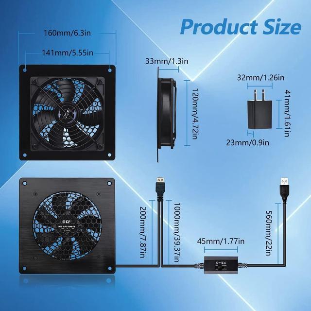 USB-Powered 120mm Cabinet Cooling Fan System (6 Fans) With Speed Control | For AV Receiver, Home Theater, & Game Console Cabinets