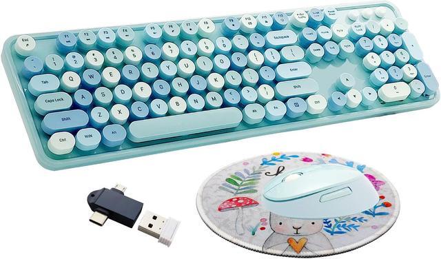 Main image of Seaciyan Wireless Keyboard and Mouse Combo, Ergonomic Cute Retro Typewriter Full Size Colorful USB Cordless Keyboard Mouse Set for Gaming and Office (Blue)