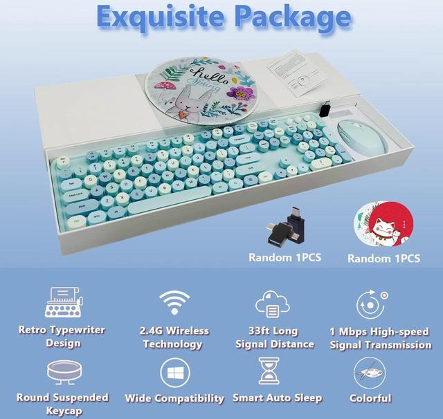 Alt view image 2 of 5 - Seaciyan Wireless Keyboard and Mouse Combo, Ergonomic Cute Retro Typewriter Full Size Colorful USB Cordless Keyboard Mouse Set for Gaming and Office (Blue)