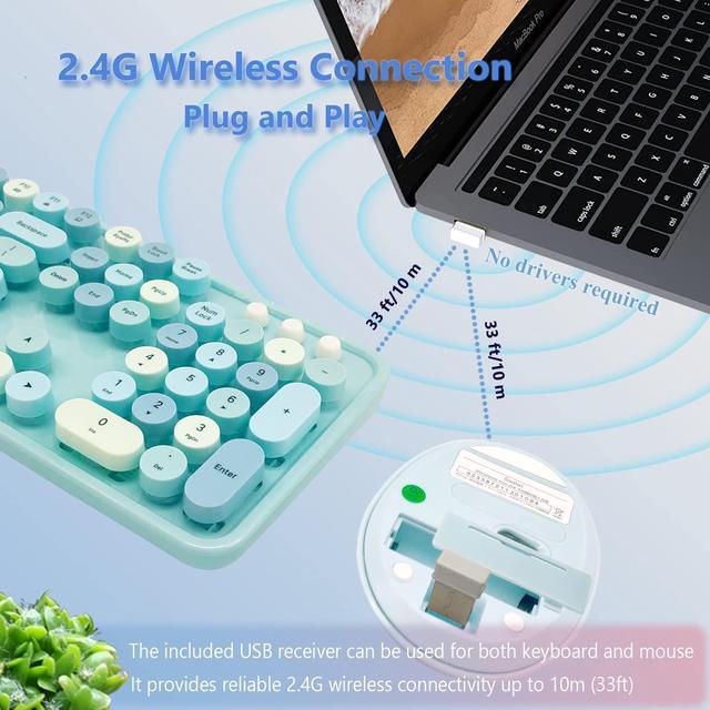 Alt view image 3 of 5 - Seaciyan Wireless Keyboard and Mouse Combo, Ergonomic Cute Retro Typewriter Full Size Colorful USB Cordless Keyboard Mouse Set for Gaming and Office (Blue)
