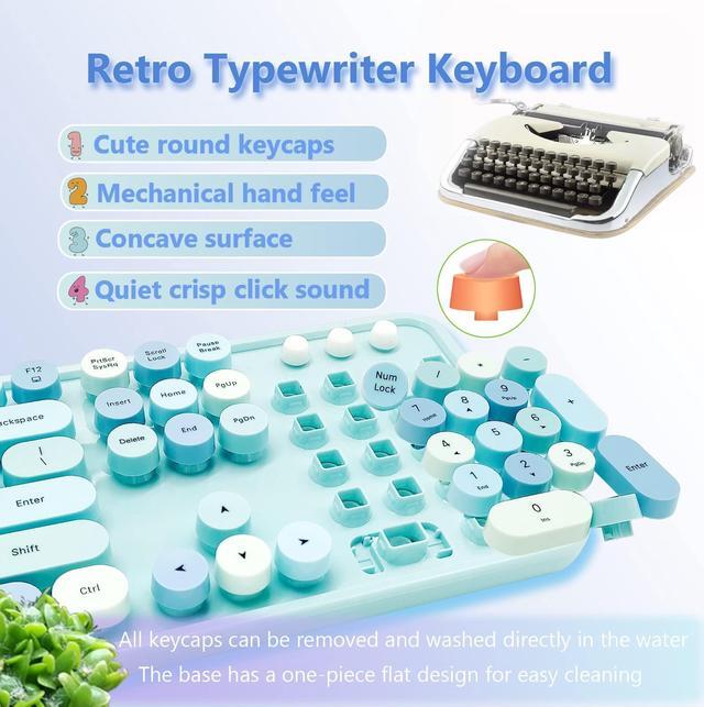 Alt view image 4 of 5 - Seaciyan Wireless Keyboard and Mouse Combo, Ergonomic Cute Retro Typewriter Full Size Colorful USB Cordless Keyboard Mouse Set for Gaming and Office (Blue)