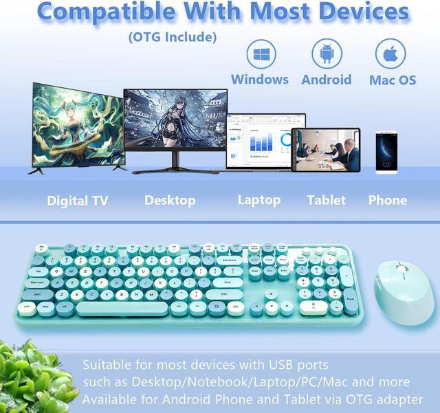 Alt view image 5 of 5 - Seaciyan Wireless Keyboard and Mouse Combo, Ergonomic Cute Retro Typewriter Full Size Colorful USB Cordless Keyboard Mouse Set for Gaming and Office (Blue)