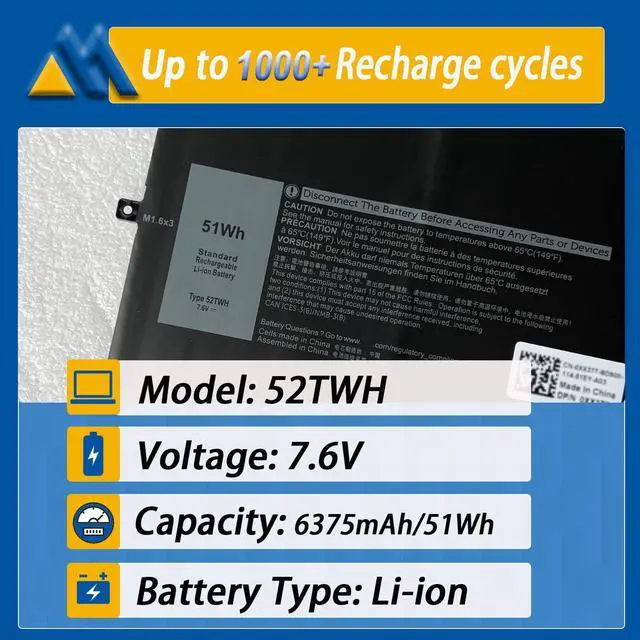 Alt view image 2 of 5 - Mobik 52TWH Laptop Battery Compatible with Dell XPS 13 7390 2-in-1 Series Notebook P103G P103G001 P103G002 MM6M8 0MM6M8 XX3T7 0XX3T7 7.6V 6375mAh 4Cell