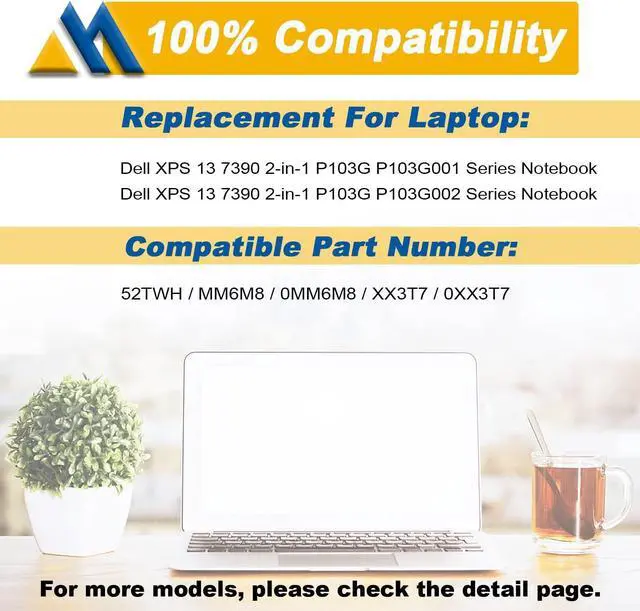 Alt view image 5 of 5 - Mobik 52TWH Laptop Battery Compatible with Dell XPS 13 7390 2-in-1 Series Notebook P103G P103G001 P103G002 MM6M8 0MM6M8 XX3T7 0XX3T7 7.6V 6375mAh 4Cell