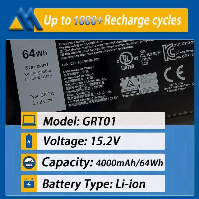 Alt view image 2 of 5 - Mobik 64Wh GRT01 Laptop Battery Replacement for Dell Latitude 15 5521 5531 14 5421 5431 Precision 3470 3561 3571 Alienware m17 R5 AMD Series R05P0 00P3TJ 0P3TJ VXD57 05RGW 9JRV0 15.2V 4000mAh 4-Cells