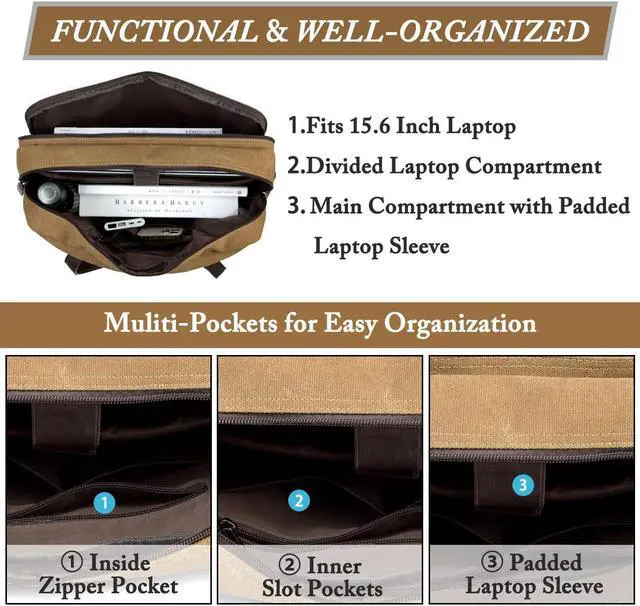 Alt view image 3 of 5 - VASCHY Laptop Bag for Men/Women, Vintage Canvas Water Resistant 15.6 inch Messenger Bag Business Briefcase Shoulder Bag Brown