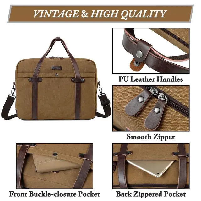 Alt view image 4 of 5 - VASCHY Laptop Bag for Men/Women, Vintage Canvas Water Resistant 15.6 inch Messenger Bag Business Briefcase Shoulder Bag Brown