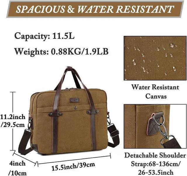 Alt view image 2 of 5 - VASCHY Laptop Bag for Men/Women, Vintage Canvas Water Resistant 15.6 inch Messenger Bag Business Briefcase Shoulder Bag Brown