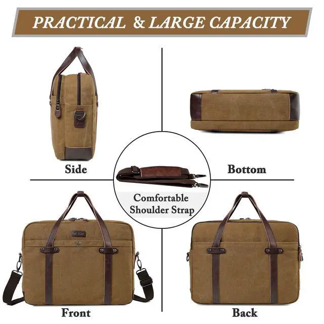 Alt view image 5 of 5 - VASCHY Laptop Bag for Men/Women, Vintage Canvas Water Resistant 15.6 inch Messenger Bag Business Briefcase Shoulder Bag Brown