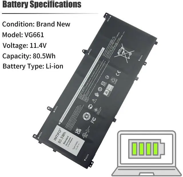 Alt view image 3 of 5 - INTIFO 80.5Wh VG661 Laptop Battery Compatible with Dell Alienware X14 R1 R2 Series 0GD3C9 GD3C9 0V4N84 V4N84 Notebook [11.4V 6709mAh 6-Cell]