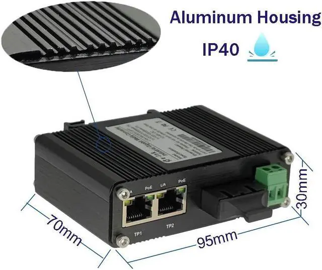 Alt view image 3 of 5 - Mini Industrial 2 Ports Gigabit PoE Media Converter Din Rail Mount Hardened Fiber Media Converter 802.3af/at Optical Converter Single Mode 20km with SC + 2 Rj45 Port 12~48V DC Input