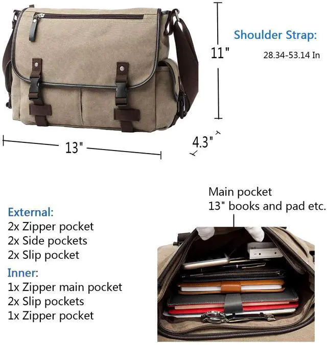 Alt view image 2 of 5 - [Upgraded] Vintage Canvas Messenger Bag 13 15.6 17 inches Large Book Laptop Shoulder Bag Women Men New (Beige, Medium)