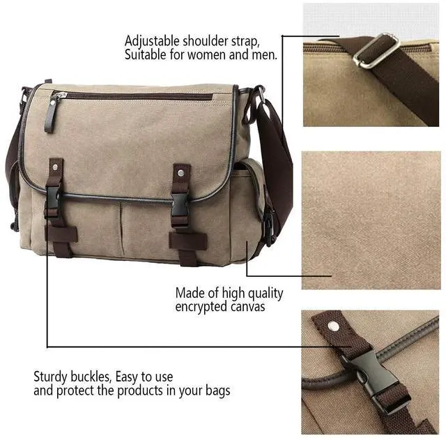 Alt view image 3 of 5 - [Upgraded] Vintage Canvas Messenger Bag 13 15.6 17 inches Large Book Laptop Shoulder Bag Women Men New (Beige, Medium)