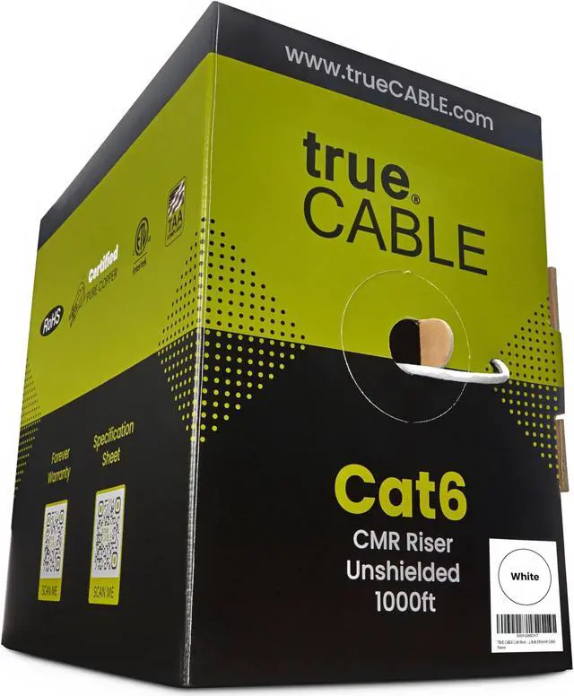 Main image of TRUE CABLE Cat6 Riser (CMR), 1000ft, White, 23AWG 4 Pair Solid Bare Copper, 550MHz, ETL Listed, Unshielded Twisted Pair (UTP), Bulk Ethernet Cable