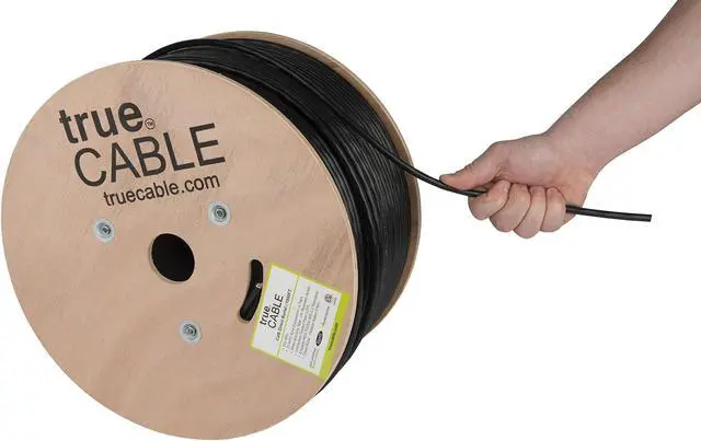 Main image of trueCABLE Cat6 Direct Burial, 1000ft, Waterproof, Outdoor Rated CMX, Black, 23AWG Solid Bare Copper, 550MHz, PoE++ (4PPoE), ETL Listed, Unshielded UTP, Bulk Ethernet Cable