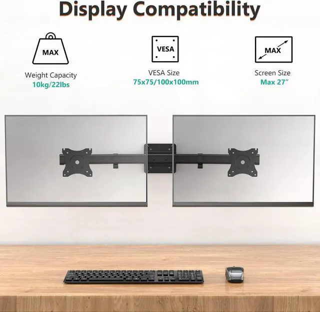 Alt view image 2 of 5 - WALI Dual Monitor Wall Mount, Single to Double Bracket Adapter, Horizontal Assembly Arm for 2 Screen up to 27 inch (012ARM), Black