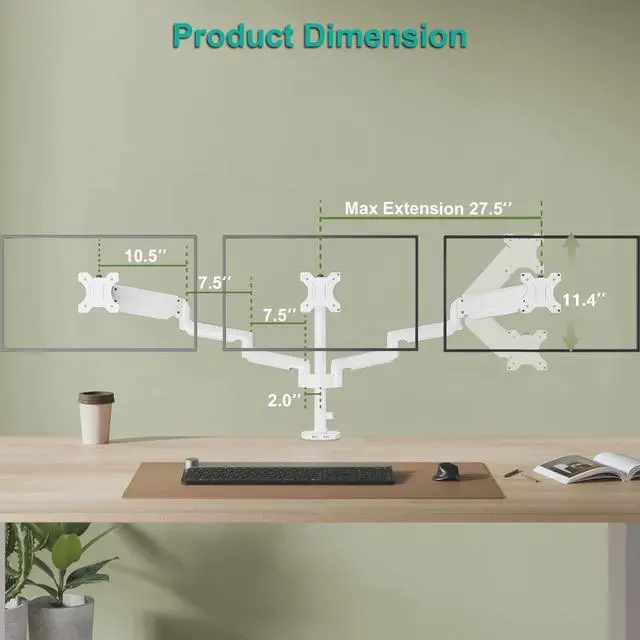 Alt view image 4 of 5 - WALI White Triple Monitor Mount, 3 Monitor Desk Mount for Multi Screens from 13 to 27inch with Gas Spring Arm, Fully Adjustment Arm with Tilt, Swivel, Rotate VESA Mount 75x75,100x100mm(GSDM003W-U)