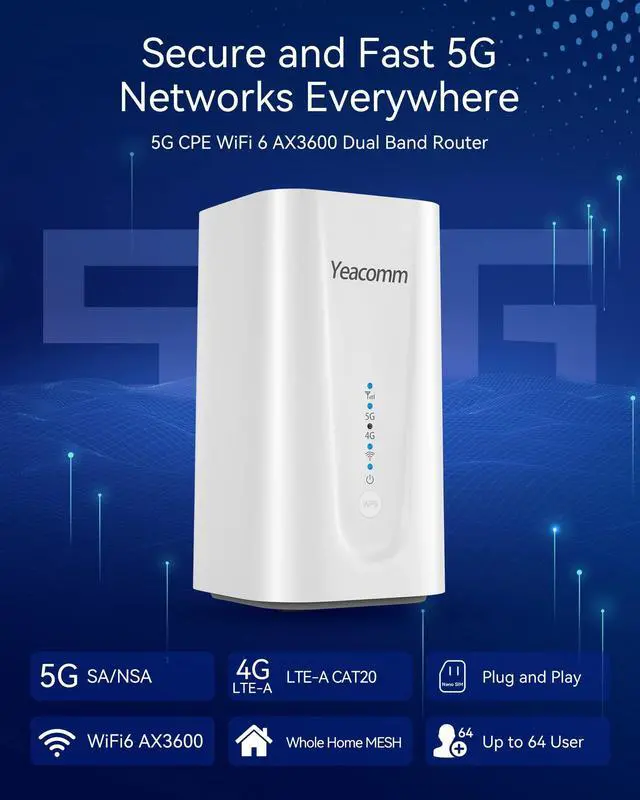 Alt view image 3 of 5 - Yeacomm 5G Router AX3600 WiFi-6 Modem with Sim Card Slot,NR NSA/SA 5G Cellular Router Up to 4.67Gbps,Wireless 5G CPE & LTE Cat20 Gateway,Voice Volte RJ11,Band Lock,VPN,4 x 4 MIMO