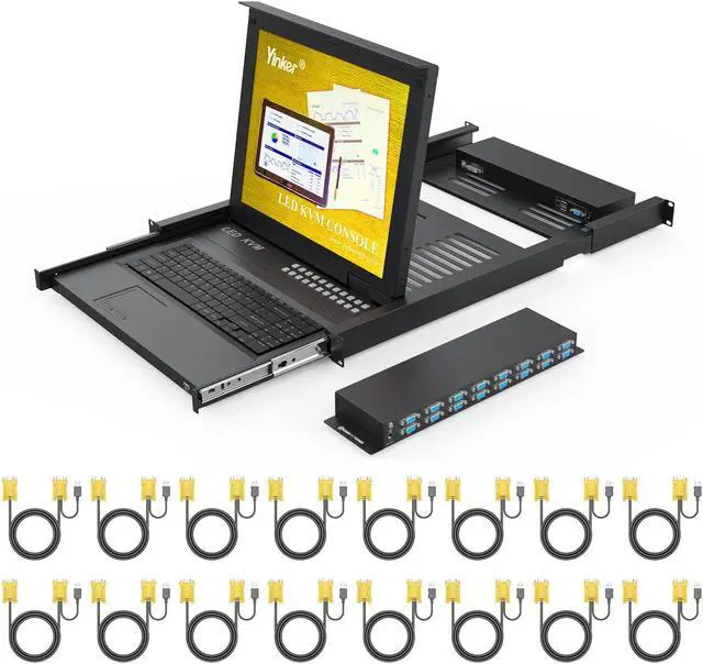 Main image of Yinker 16 Port VGA KVM Switch, 17'' LCD KVM Console Integrated with Keyboard Monitor Touchpad Drawer, 1U Rack Mount KVM for 19'' Cabinet, Supports OSD Menu/Hotkey/Button Switch(16 KVM Cables)