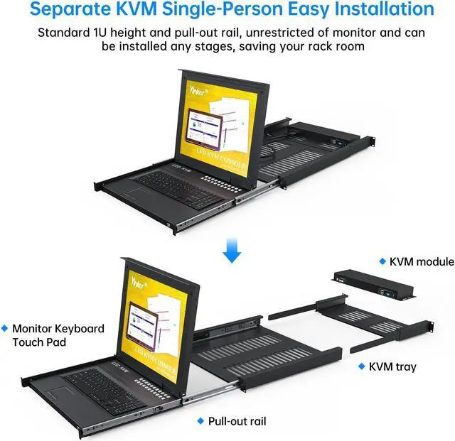 Alt view image 2 of 5 - Yinker 16 Port VGA KVM Switch, 17'' LCD KVM Console Integrated with Keyboard Monitor Touchpad Drawer, 1U Rack Mount KVM for 19'' Cabinet, Supports OSD Menu/Hotkey/Button Switch(16 KVM Cables)
