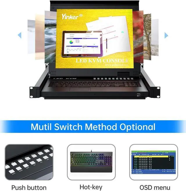 Alt view image 3 of 5 - Yinker 16 Port VGA KVM Switch, 17'' LCD KVM Console Integrated with Keyboard Monitor Touchpad Drawer, 1U Rack Mount KVM for 19'' Cabinet, Supports OSD Menu/Hotkey/Button Switch(16 KVM Cables)