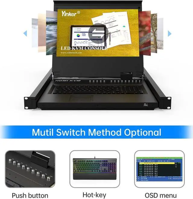 Alt view image 2 of 5 - Rack Mount KVM w/17.3" LCD Monitor, 8 Port HDMI LCD KVM Switch 1920x1080@60Hz for 1U 19" Rack Supports OSD Menu/Hotkey, with 8 KVM Cables + Keyboard + Touchpad