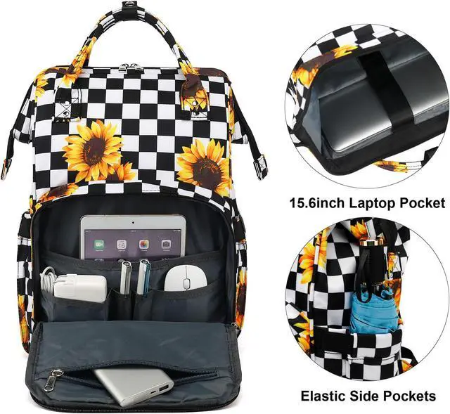 Alt view image 2 of 5 - Yusudan Laptop Backpack for Women, 15.6 inch College School Backpacks Bookbag for Work/School/Travel/Business (Checkered Sunflower)