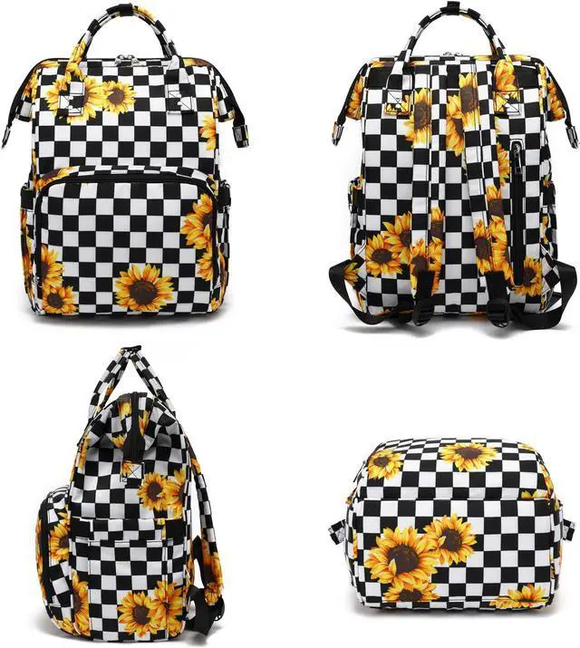 Alt view image 5 of 5 - Yusudan Laptop Backpack for Women, 15.6 inch College School Backpacks Bookbag for Work/School/Travel/Business (Checkered Sunflower)