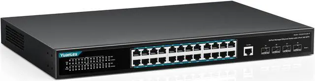 Main image of YuanLey 28 Port Gigabit Managed PoE Switch with 24 10/100/1000Mbps PoE+ Ports, 4X 10Gbps SFP+, L3 Smart Managment Ethernet Switch, VLAN, QoS, ACL, SSL, Fanless, Rackmount Network Switch