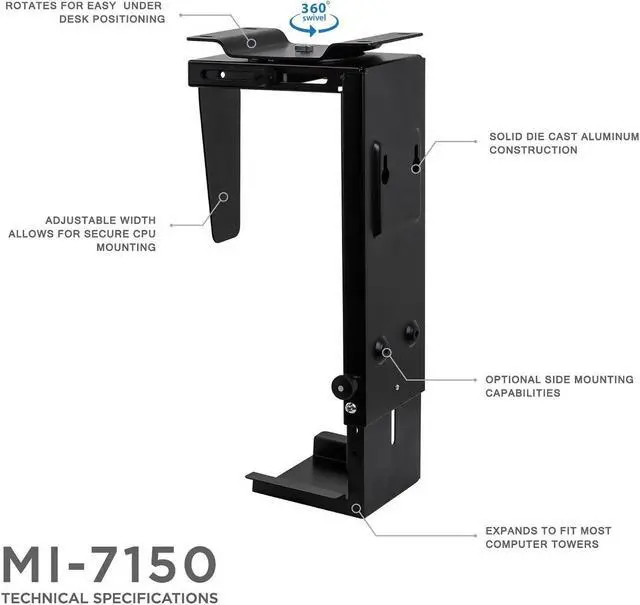 Alt view image 5 of 5 - CPU Under Desk Mount Bracket - Computer Tower Wall and Under Counter Holder, 360 Degree Swivel Adjustable Height and Width Wall-Mountable