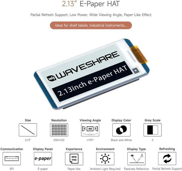 Alt view image 3 of 5 - Waveshare 2.13inch E-Paper Display HAT Compatible with Raspberry Pi 5/4B/3B/Zero/Zero W/Zero 2W/Pico/Pico W/Pico WH/Jetson Nano, 250x122 Resolution Black/White Dual-Color