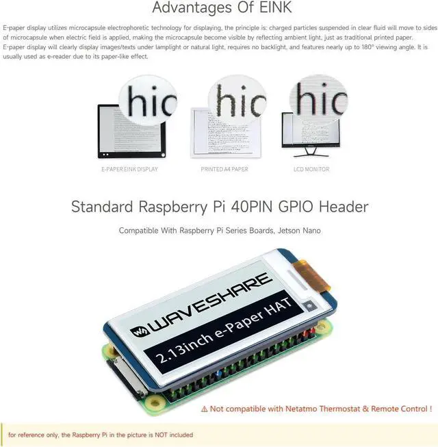 Alt view image 5 of 5 - Waveshare 2.13inch E-Paper Display HAT Compatible with Raspberry Pi 5/4B/3B/Zero/Zero W/Zero 2W/Pico/Pico W/Pico WH/Jetson Nano, 250x122 Resolution Black/White Dual-Color