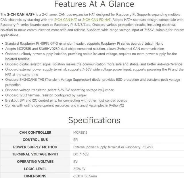 Alt view image 4 of 5 - Waveshare 2-Channel Isolated CAN Bus Expansion HAT, Compatible with Raspberry Pi 5/4B/3B/Zero/Zero W/Zero 2W/Pico/Pico W/Pico WH, Dual Chips Solution, Built-in Multi Protections