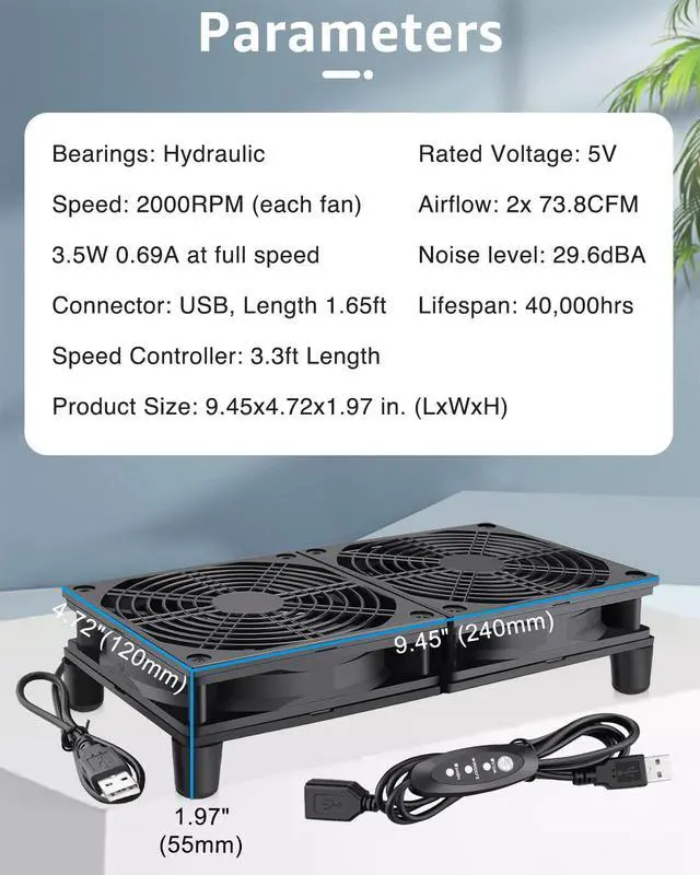 Alt view image 2 of 5 - GDSTIME Dual 120mm 5V USB Fans, 102CFM Big Airflow Fan Cooling for Router TV Box Micro Computer and Other Electronics