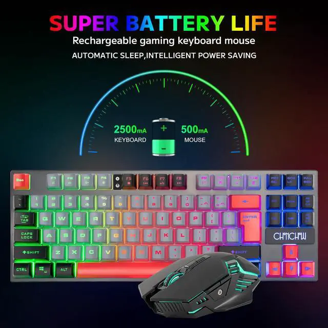 Alt view image 2 of 5 - CHONCHOW Rechargeable Wireless Keyboard and Mouse Combo Gaming Set,Red/Black/Grey Colored LED RGB Backlit 2500+500mAH Battery 3200DPI 2 Side-Button,Compatible with Xbox one Slim ps4 Windows Linux