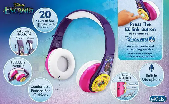 Alt view image 3 of 5 - eKids Disney Encanto Bluetooth Headphones with EZ Link, Wireless Headphones with Microphone and Aux Cord, Kids Earphones for School, Home, or Travel