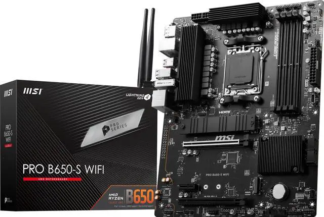 Main image of MSI PRO B650-S WiFi ProSeries Motherboard (AMD Ryzen 9000/8000/7000 Series Processors, AM5, DDR5, PCIe 4.0, M.2 Slots, SATA 6Gb/s, USB 3.2 Gen 2, HDMI/DP, Wi-Fi 6E, Bluetooth 5.3, 2.5Gbps LAN, ATX)