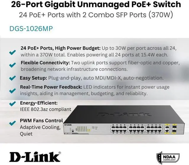 Alt view image 3 of 5 - D-Link Ethernet Switch, 26 Port PoE Gigabit Unmanaged Rack-Mount Networking 24 x PoE (370 Watt), 2 x Gigabit Combo Ports (DGS-1026MP)