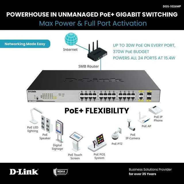 Alt view image 5 of 5 - D-Link Ethernet Switch, 26 Port PoE Gigabit Unmanaged Rack-Mount Networking 24 x PoE (370 Watt), 2 x Gigabit Combo Ports (DGS-1026MP)
